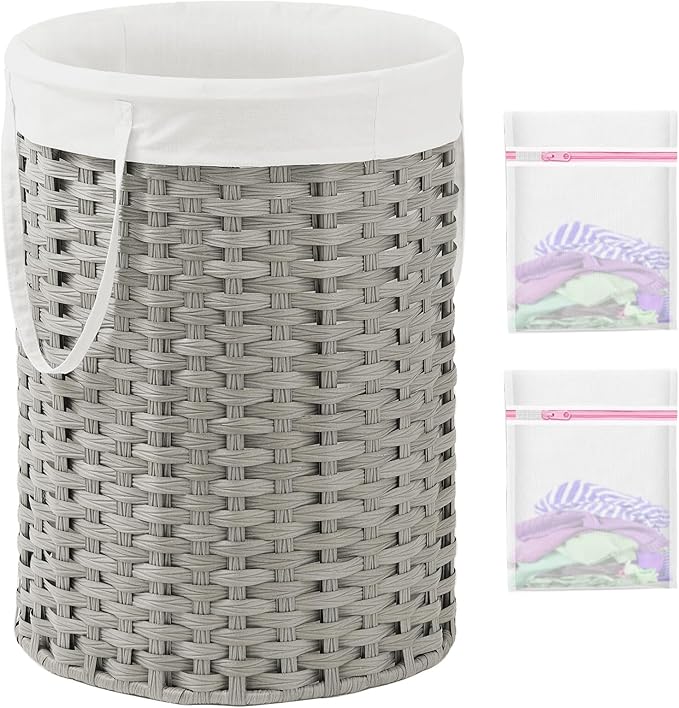 Laundry Basket Round Rattan Laundry Hamper 29.1 Gal (110 L) Handwoven Large Wicker Basket with Handles, Wicker Hamper with Removable Bags and 2 Mesh Bags for Bathroom Living Room Gray