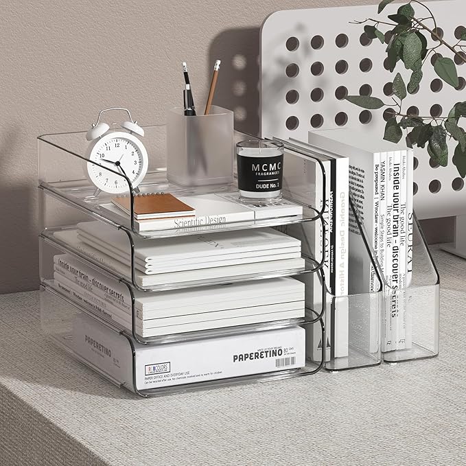 4-Tier Brown Acrylic Paper Tray Organizer for Desk + 2 Bookends – Stackable Letter Tray, Acrylic Desk Accessories/File Organizer, Office Paper Organizer