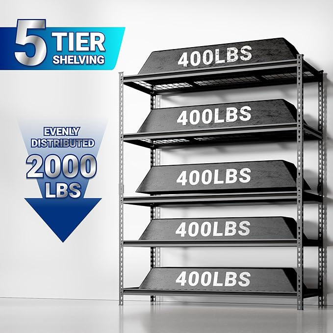 FLEXIMOUNTS Garage Shelving, Heavy Duty Shelving 2000 lbs, 5-Tier Garage Storage Shelves,Industrial Shelves for Heavy Tools and Equipment, 48" W x 24" D x 72" H, 4 Pack