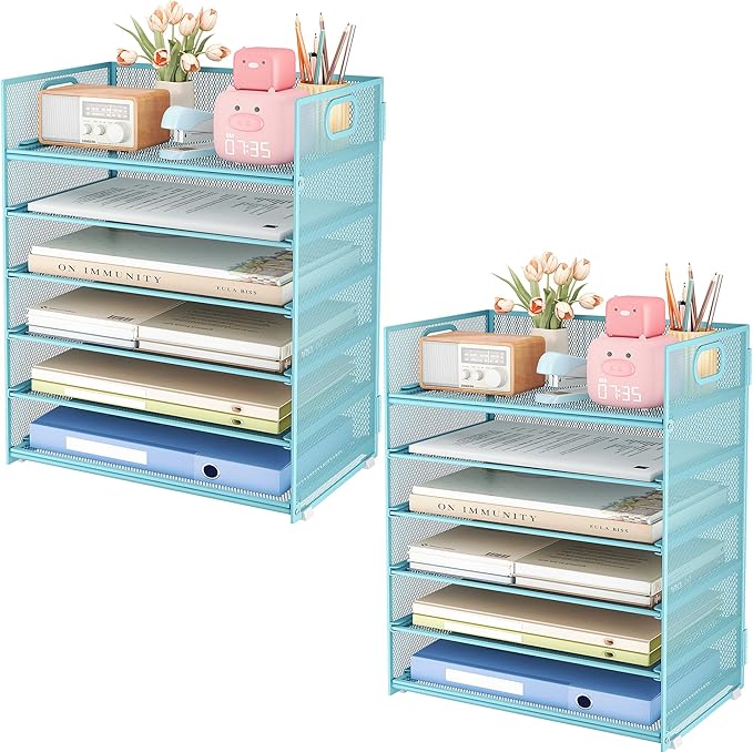 Subekyu 6-Tier Desk Paper Organizer, Desktop File Letter Tray with Handle, Document Sorter and Accessories Holder for Office, Home and School Workspace Organizers, Blue-2 Pack