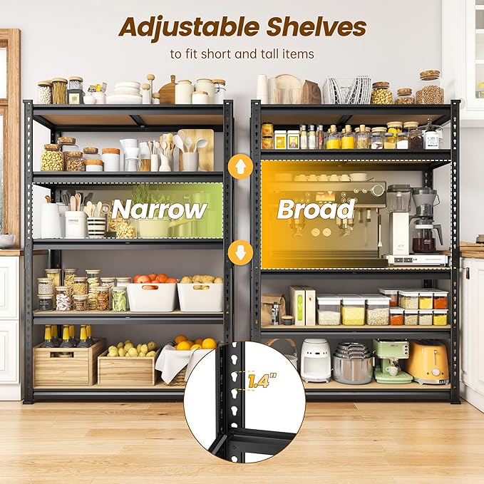 5-Tier Storage Shelves, 1980LBS Adjustable Pantry Shelves, Metal Shelving Unit for Storage, Kitchen, Pantry, Closet, Laundry, Garage,72.06" H x 35.55" W x 11.81" D