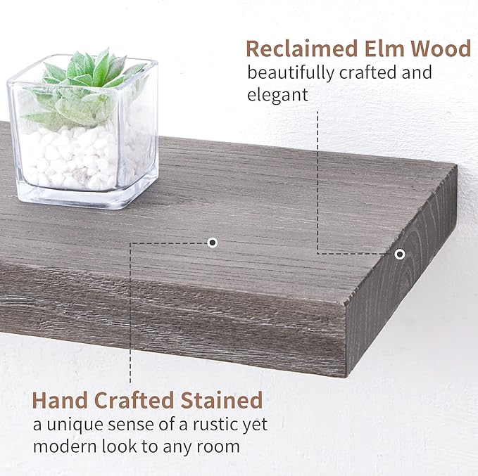 Axeman Rustic Elm Wood Floating Shelves - 72'' W x 8" D Wall Mantel Shelf with Invisible Bracket, Large Long Wall Mounted Storage Shelves for Living Room, Bedroom, Kitchen, Bathroom, Grey