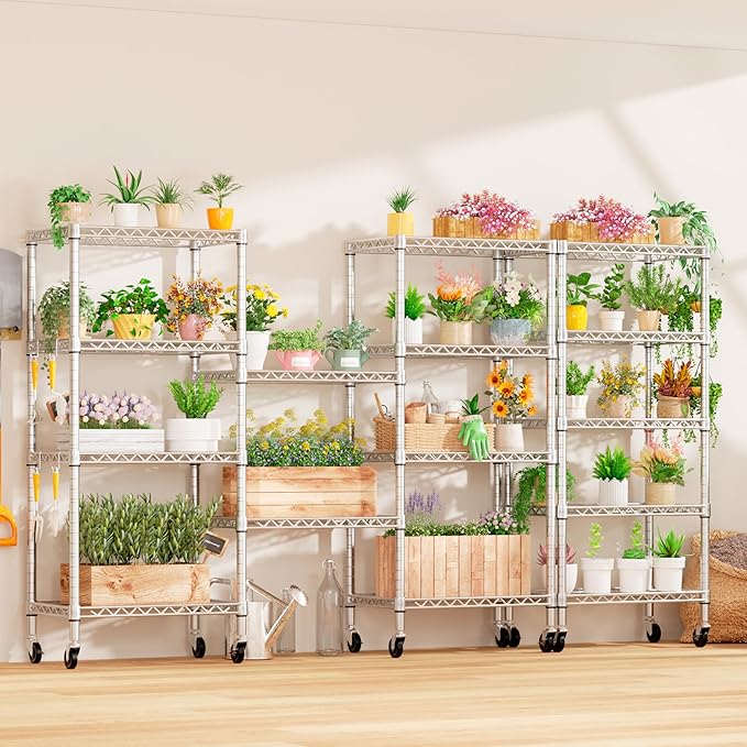 PrimeZone 2 Pack Steel Storage Wire Shelving 5 Tier Metal Shelves with Wheels,Adjustable Kitchen Utility Shelving Unit,Pantry Rack Rolling Metal Shelf Laundry,Chrome 24" Wx18 Dx75 H