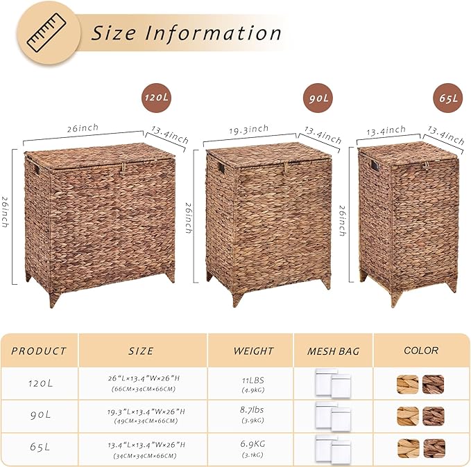 Handwoven Large Laundry Hamper with Lid and 2 Removable Liner Bags, Heightened Feet Natural Hyacinth Clothes Hamper,Wicker Laundry Basket for Clothes and Towels
