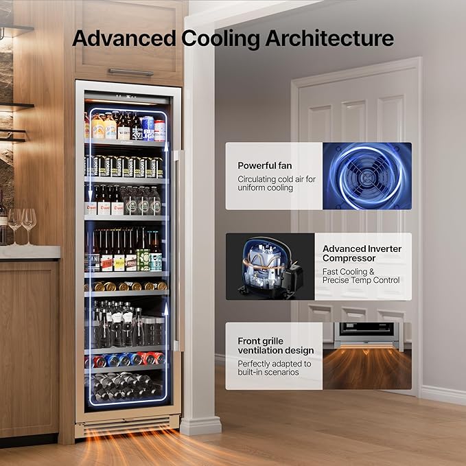 Ca'Lefort Beverage-Refrigerator 24 Inch, Tall Beverage Fridge Cellars Large Bar Drink Cabinet Built-in or Freestanding with Glass Door, Beer Cooler for Bottles and Cans Beer/Soda/Water/Wine