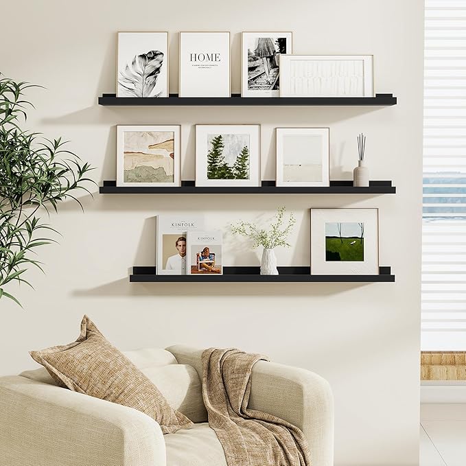 Fun Memories Picture Ledge Shelf, Black Floating Shelves Set of 4, 24 Inch Picture Shelves for Wall with Ledge, Large Nursery Book Shelf for Toys Storage, Living Room, Bedroom Decor Frames