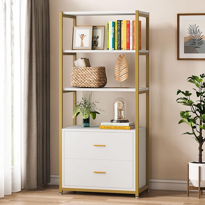 Tribesigns Bookcase, 4-Tier Bookshelf with 2 Drawers, Etagere Standard Book Shelves Display Shelf for Home Office (Gold/White)