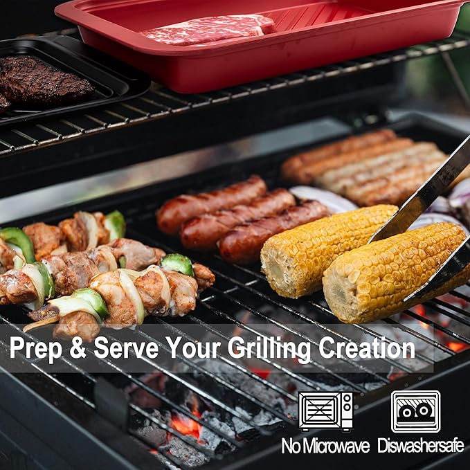 KAQAHIDO Grilling Deep Prep and Serve Trays, BBQ Platter for Raw Meat Marinating and Finished Cooked Food, Melamine Serving Tray, Set of 2, Cleaning Pack Included