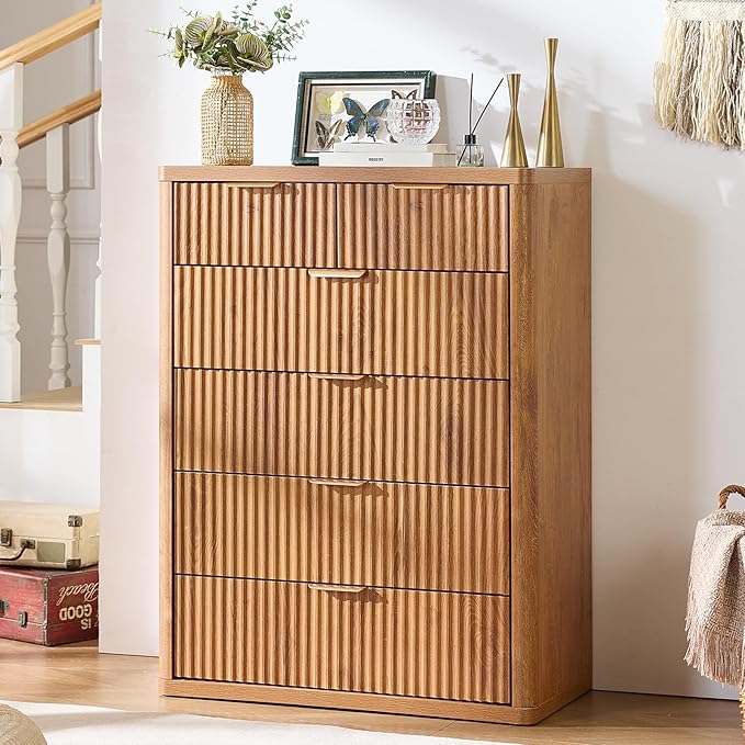 LEYAOYAO Fluted 6 Drawers Dresser for Bedroom, 42" Tall Modern Chest of Drawers with Metal Handle, Curved Profile Design,Brown Wood Drawer Organizer for Bedroom, Living Room, Hallway, Entryway