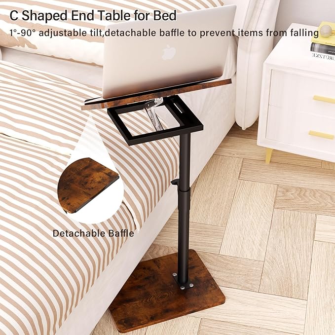 Sofa Armrest Tray Table for Couch - 360° Swivel Height Adjustable End for Small Spaces, Snack Side Table for Bed or Chair with Phone & Tablet Slot (Rich,Angle Adjustable)