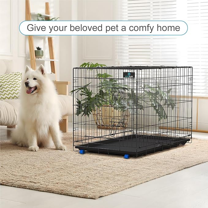 PetsTuff Great CRATES 36” Large Dog Crate - Heavy-Duty Dog Kennel with Divider Panel for Pets 40-60 lbs - Durable Leaf-Proof Tray - Foldable, Carry Handle & Wheels for Easy Moving
