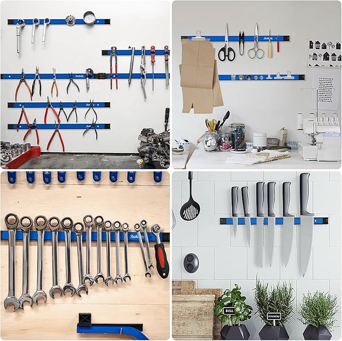 6 Pieces 12" Magnetic Tool Holder Strip, Blue Magnet Bar, Metal Tool Organizer Rack for Garage Organization, Easy To Install in Workshop, Mounting Screws Included