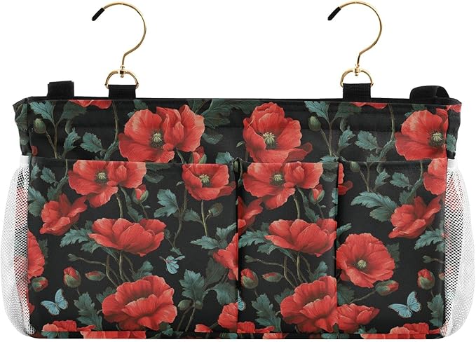 Poppy Butterfly Leaf Bedside Caddy for Dorm Bed Bedside Hanging Caddy Bag Iron Frame Storage Organizer Pocket for Bunk Home College Hospital Beds 2 Hooks