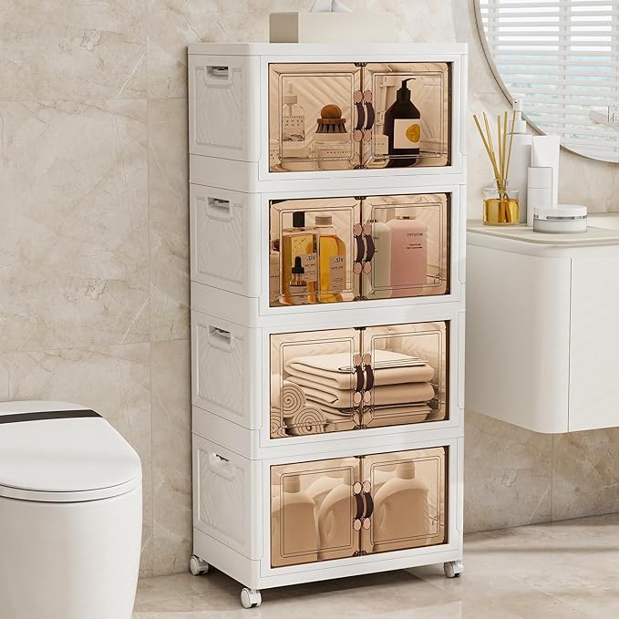 Storage Bins with 2 Lids and Wheels, Collapsible Bathroom Storage Cabinet with Clear Doors, Plastic Stackable Closet Organizers and Storage Containers White 597 QT