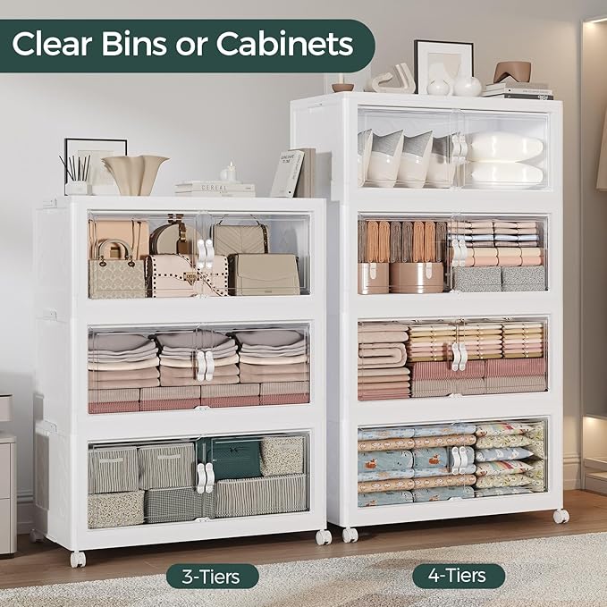 720QT Extra Large Stackable Storage Bins with Lid, 180Gal Collapsible Closet Organizer Box with Wheels, Folding Plastic Storage Cabinet with Doors for Home Kitchen Office Dorm, 4Pack White