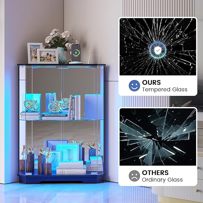 Corner Display Cabinet with Glass Doors, Small Display Case with 3-Color LED Lights and Charging Station, 2-Tier Curio Cabinet with Storage and Shelf, Black