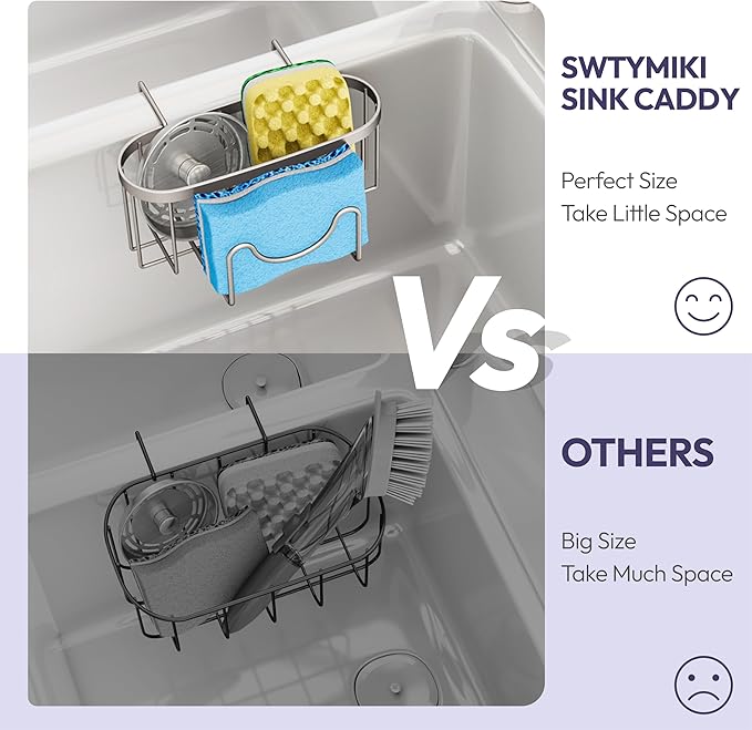 SWTYMIKI Sponge Holder for Kitchen Sink - Movable Kitchen Sink Caddy with M Shape Hook, Stainless Steel Hanging Sponge Caddy for Dish Sponge, Brush, Stopper Organizer in Double Sink, Sand Nickel