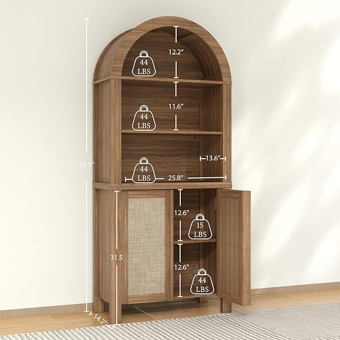 Yechen Arched Bookcase, 70.5" Tall Bookcase with Storage, Mid-Century Modern 5 Tier Bookshelves with Door, Boho Rattan Bookshelf for Living Room Kitchen Office Bedroom Library, Natural Walnut,3 PCS