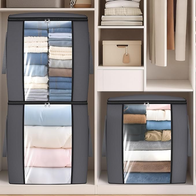 120L Extra Large Clothes Storage Bags, Foldable Blanket Storage and Organization, Thick Fabric Containers with Reinforced Handles & Zippers for Clothing, Comforters, Bedding, Gray, 2 Pack