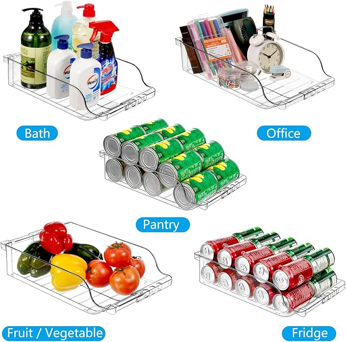 4 Packs Clear Width Adjustable Soda Can Organizer for Refrigerator Expandable Soda Can Dispenser for Beer Soda Seltzer Pop Can Soda Expand Organizer for Fridge Kitchen Pantry