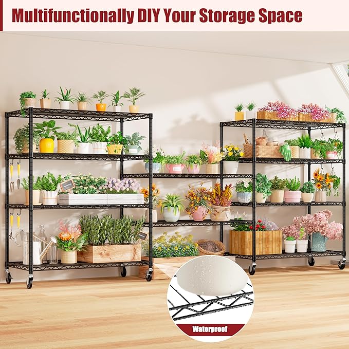 PrimeZone 3 Packs 48" W x 24" D x 81" H Heavy Duty Wire Storage Shelves with Wheels, 5 Tier Adjustable NSF Certified Garage Shelving Unit, Rolling Metal Organizer Shelf Rack for Warehouse, Pantry