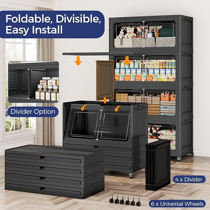 120GAL Extra Large Storage Bins with Lid, 480Qt Stackable Closet Organizers and Drawers, Collapsible Storage Bins with Wheels, Folding Containers for Home, Kitchen Office, 3Pack Black
