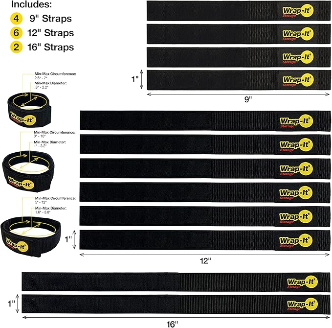 Quick-Straps by Wrap-It Storage - Assorted 12-Pack (Black) - Hook and Loop Hose and Cable Organizers