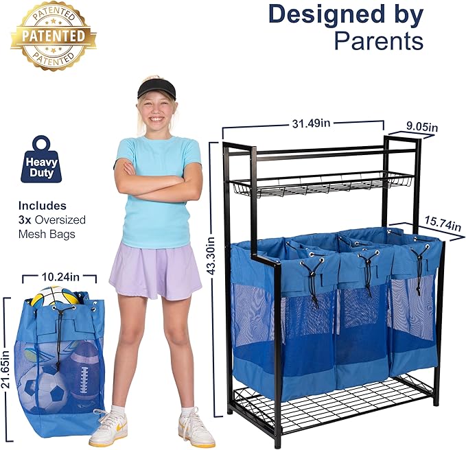 KASSELL Garage Sports Organizer Storage rack for sports equipment Ball, Heavy Duty Toy and Gear Storage Organizer with Grab and go bags (Black)