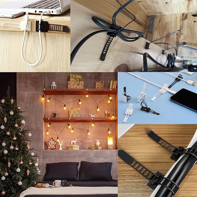 Adjustable 3M Adhesive Cable Management Clips 100Pcs, Large self Adhesive Cable Ties Clips ，Suitable for Cable Management Under desks and on Walls(Black)