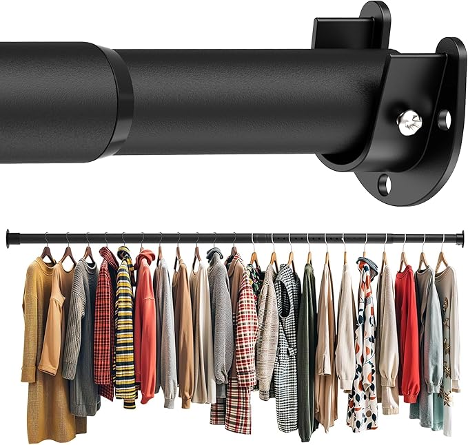 Closet Rod 17-39 Inches, Adjustable Heavy Duty Metal Black Closet Rods for Hanging Clothes 1.3 Inches Diameter for Wardrobes Laundry