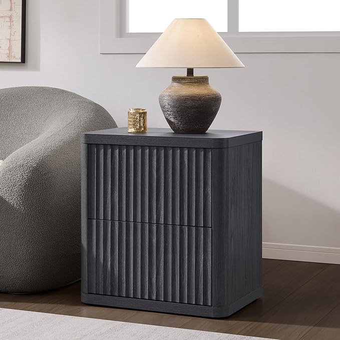 SICOTAS Night Stand Nightstand with 2 Drawers Storage Bedside Table Large Fluted Bed Side End Table Modern 24.4" Tall Wide Night Stands for Bedroom Living Room Sofa Couch Home Office, Dark Grey Alder