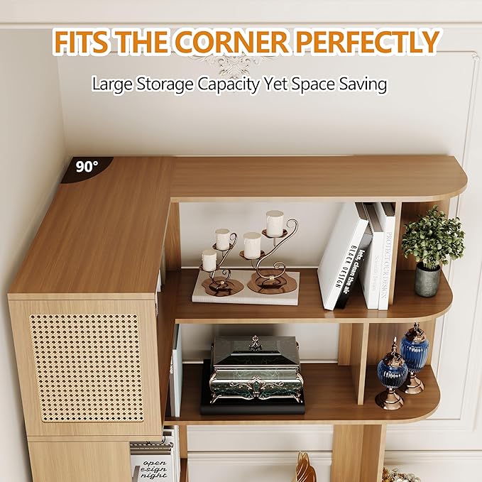 Corner Shelf with Storage Cabinet,7-Tier Corner Bookshelf,Farmhouse L Shaped Shelves Etagere Bookcase, Large L Shaped Bookshelf with Vine Woven Open Storage Cabinet for Home Office