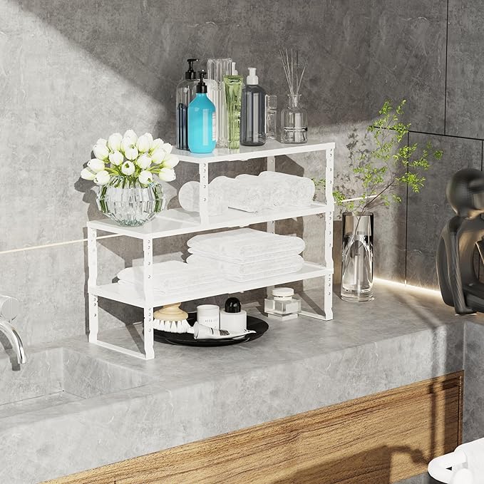 Expandable Stackable Spice Rack Organizer for Kitchen Cabinet,Adjustable Counter Shelf, countertop, Pantry,Cupboard,Bathroom,Bedroom(1Pack/White/Medium)
