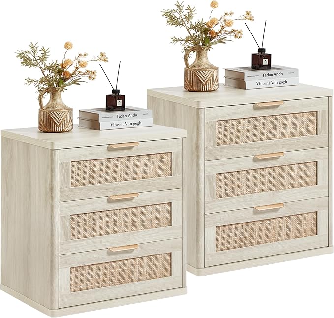 LEYAOYAO Rattan Night Stand with Drawers, 23" Large 3 Drawer Boho Nightstand, Grey White Bedside Table Storage Cabinet, Bed Side End Tables Dresser for Bedroom, Living Room, Hallway, Closet