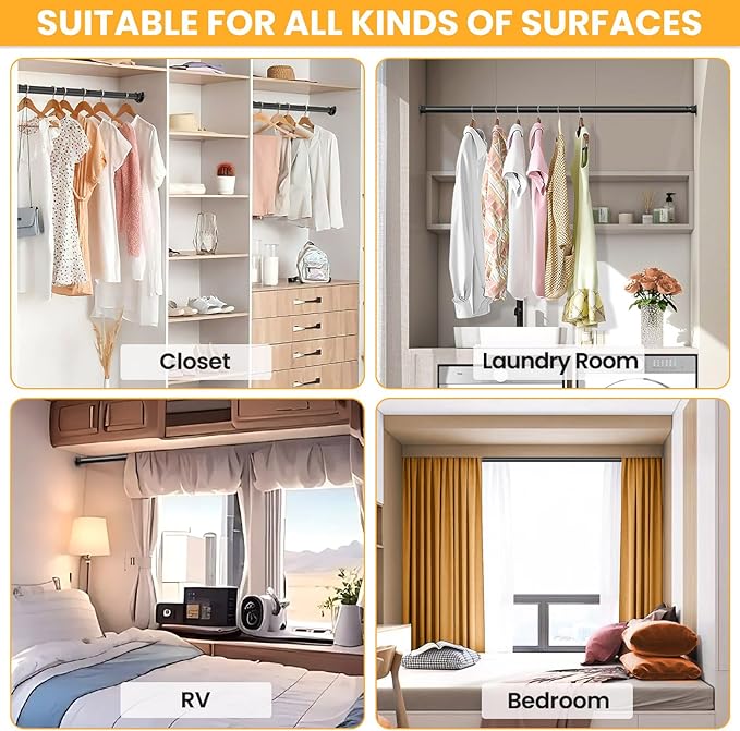 Closet Rods for Hanging Clothes, 17-84 Inch No-Cut Stepless Adjustable Closet Rod, 1.3 Inch Heavy Duty Metal Closet Hanging Rod with Brackets, Black Closet Bar for Closet, Laundry Room, RV, Wardrobes