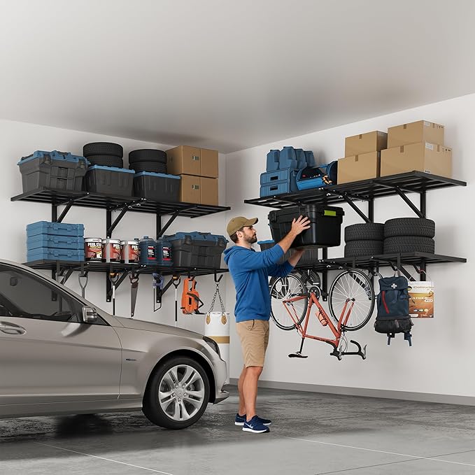 FLEXIMOUNTS 4-Pack 2x6ft Heavy Duty Garage Wall Shelving, 800lbs Capacity, Garage Shelving Wall Mounted with 8 Hooks, Storage for Power Tools, Garden Supplies, Storage Bins, Lite Series