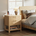 Huuger 27.6 Inch Tall Night Stand with Charger Station, USB-C Port, Fluted Nightstand with 2 Deep Drawers, Larger Wider Bed Side Table with Open Shelf, Bedroom Living Room End Table, Natural