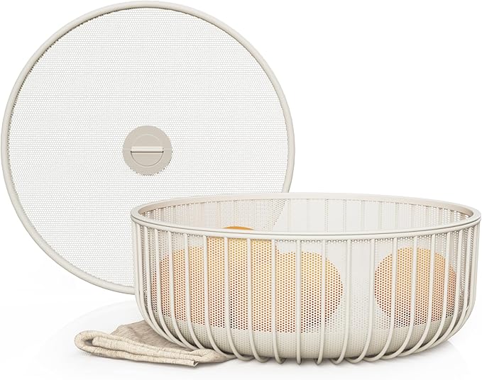 Metal Fruit Bowl with Mesh Lid and Basket - Fruit and Vegetable Holder for Kitchen Counter - Versatile and Durable Storage Basket Organizer for Fruit, Veggie, Snacks - 11x11x4-Inch (Warm Gray)