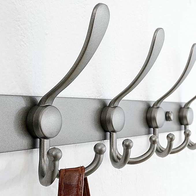 Dseap Coat Rack Wall Mount - 29.5” Long 8-Tri-Hooks Heavy Duty Coat Hanger Rail Wall Hooks for Hanging Coats Hats Clothing Clothes Purse Mudroom Entryway, Gray