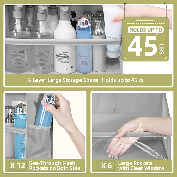 Over Door Organizer with 6 Extra Large Pockets 12 Side Pockets, Sturdy Closet Storage Rack, Hanging Storage Organizer with Clear Window for Shoes, Diapers, Toys, Bedroom, Bathroom, Grey