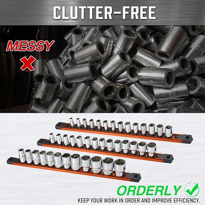 ALOANES 6-Piece Magnetic Socket Organizer, Heavy Duty Aluminum Socket Rails Organizer, 360° Swivel Clips Socket Holder Kit for Tool Box, 1/2, 3/8, 1/4-Inch Socket Holder x 80 Clips (Black&Orange)