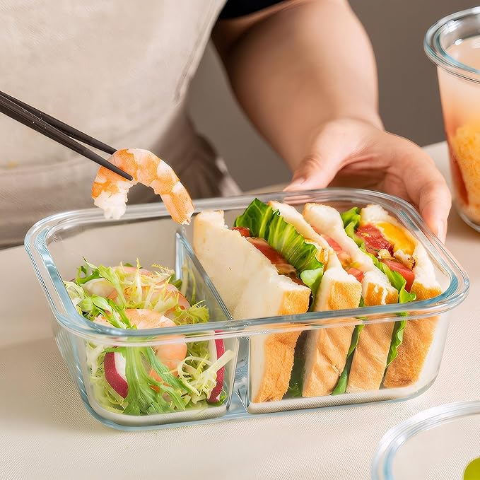 BAYZZ 5 Pack 35 Oz Glass Meal Prep Containers 2 Compartments, Glass Storage Containers with Lids, Airtight Lunch Bento Boxes, BPA-Free, Microwave and Freezer Safe,Green