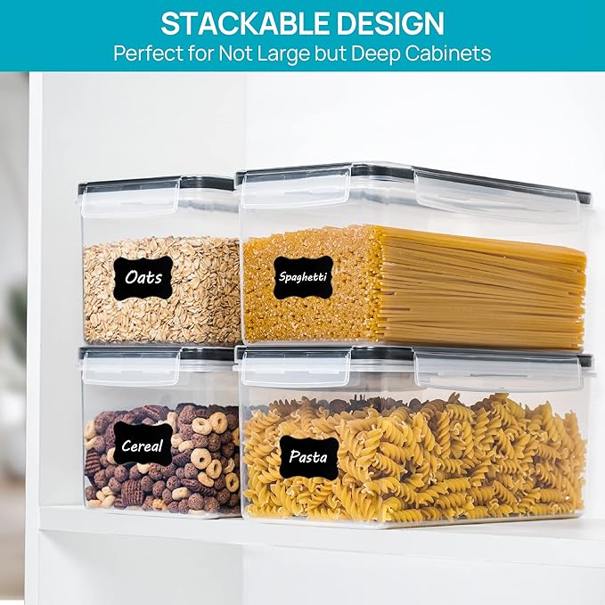 Vtopmart Airtight Food Storage Containers with Lids 4PCS Set 3.2L, Plastic Spaghetti Canisters for Pasta organizer, BPA Free Air Tight Kitchen Pantry Organization