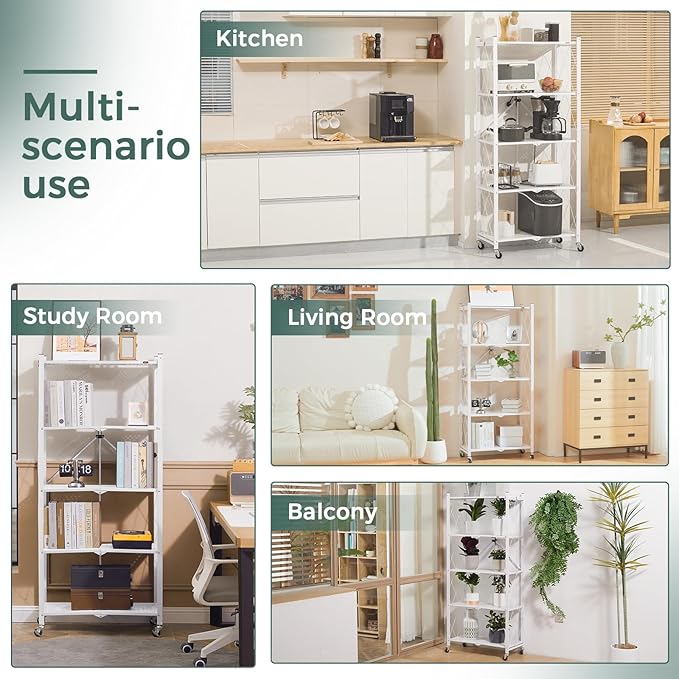 DEANIC 5 Tier Foldable Storage Shelves with Wheels, Large Capacity Shelving Unit, Freestanding Metal Wire Shelf Rack, No Assembly Organizer Rack for Garage Kitchen, Basement, Pantry(White Pack of 4)