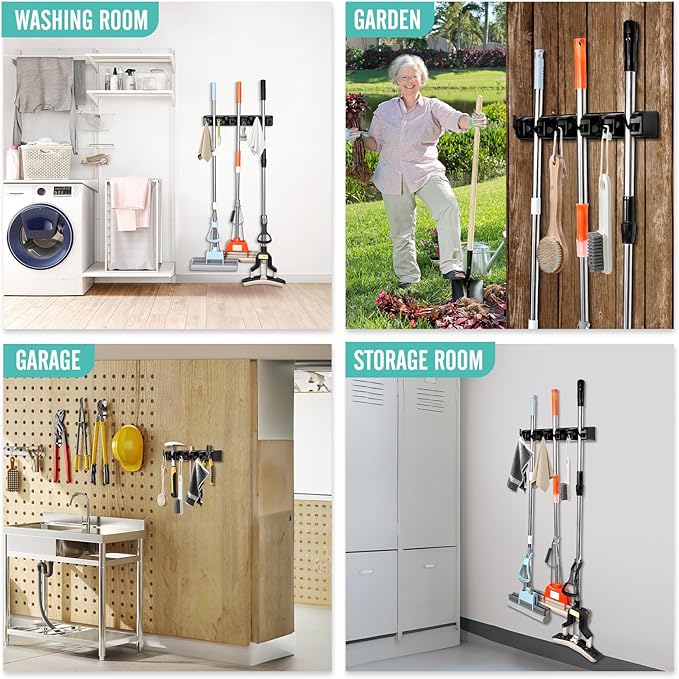 Broom and Mop Holder, Wall Mounted Organizer Mop and Broom Storage Tool Rack with 5 Ball Slots and 6 Hooks (1Pack)