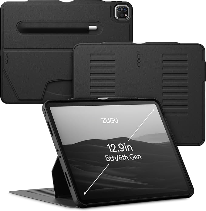 ZUGU Case for iPad Pro 12.9 Case 5th / 6th Generation Stand 2021/2022, Slim Protective Cover with Wireless Apple Pencil Charging, Magnetic Stand & Sleep/Wake Magnetic Cover, Stealth Black