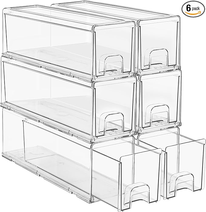 Sorbus Small Clear Stackable Storage Drawers – 6-Pack Plastic Organizer Bins with Handles – Stackable Pull-Out Storage Drawers for Closet, Pantry, Office, Bathroom, Craft, and Toy Organization