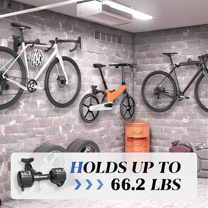 Goovilla Bike Wall Mount Hanger Adjustable - Space Saving Horizontal Bicycle Rack for Mountain/Road/Hybrid Bikes | Secure Home Garage Storage with Easy Installation | 2-Pack Cycling Holder Hook,Black