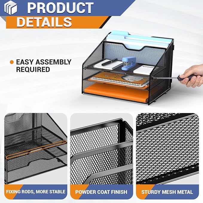 Letter Tray Organizer, Mesh Desk File Organizer with 3 Paper Trays and 2 Vertical Upright Section (Blue)