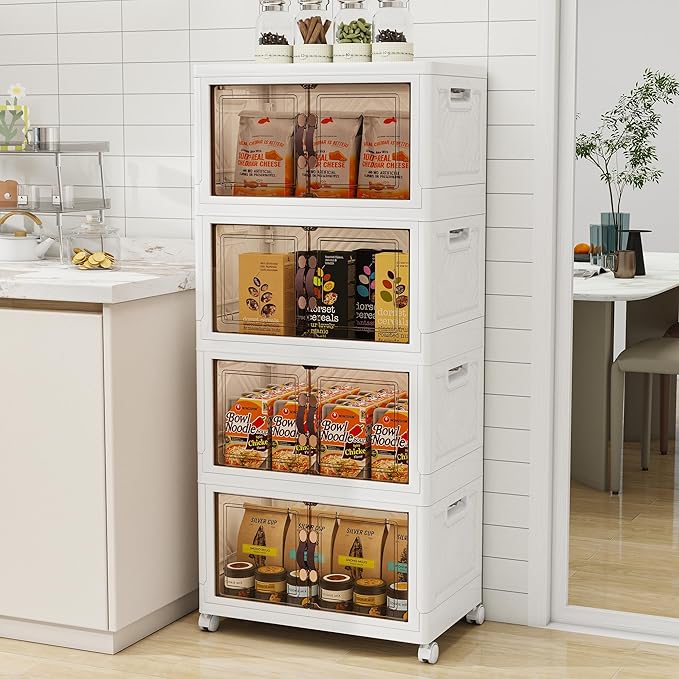 Storage Bins with 2 Lids and Wheels, Collapsible Bathroom Storage Cabinet with Clear Doors, Plastic Stackable Closet Organizers and Storage Containers White 597 QT
